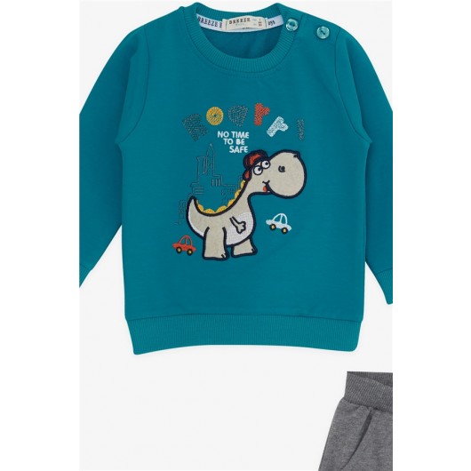 Baby Boy Tracksuit Set Dinosaur Embroidered Turquoise (6 Months-2 Years)