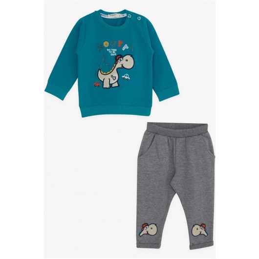 Baby Boy Tracksuit Set Dinosaur Embroidered Turquoise (6 Months-2 Years)