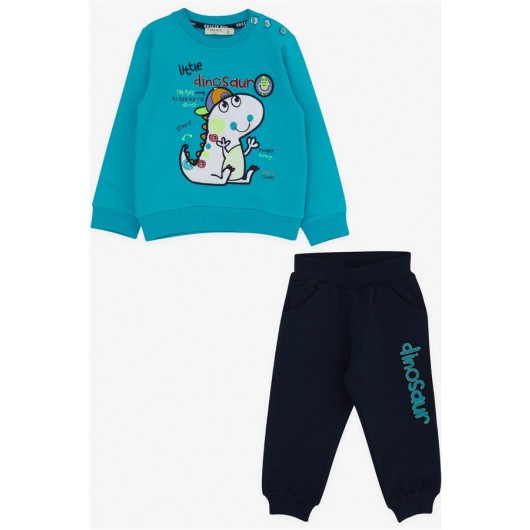 Turquoise Baby Dinosaur Embroidered Sports Pajama Set For Boys (1-1.5 Years)