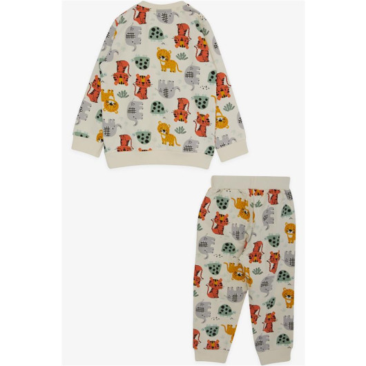 Baby Boy Tracksuit Set, Cute Animals Patterned Cream (9 Months-3 Years)