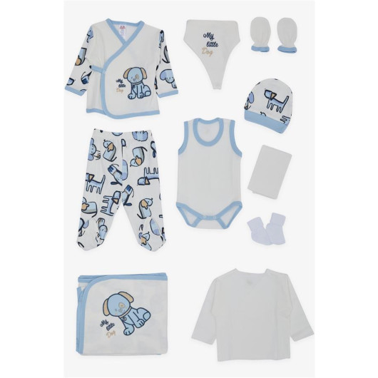 Baby Boy Hospital Release Pack Of 10 Cute Puppy Embroidered White (0-3 Months)