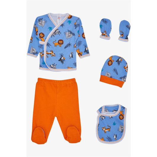 Baby Boy Hospital Release Pack Of 5 Forest Themed Animal Patterned Saks Blue (0-3 Months)