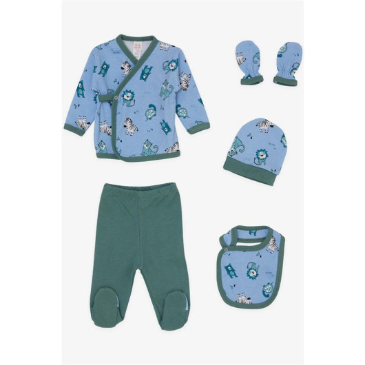 Baby Boy Hospital Release Set Of 5 Cute Animals Patterned Blue (3 Months)