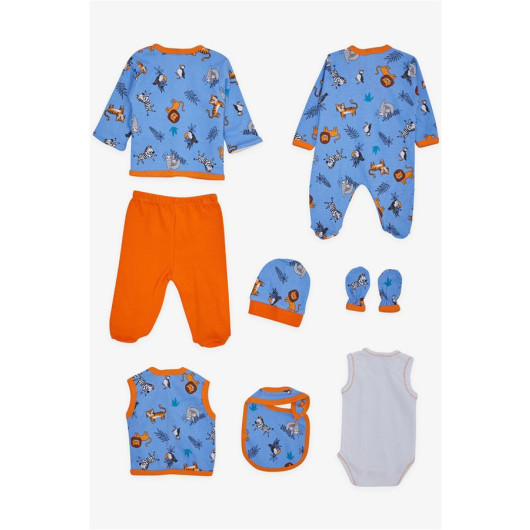 Baby Boy Hospital Release Pack Of 8 Forest Themed Animals Patterned Saks Blue (0-3 Months)