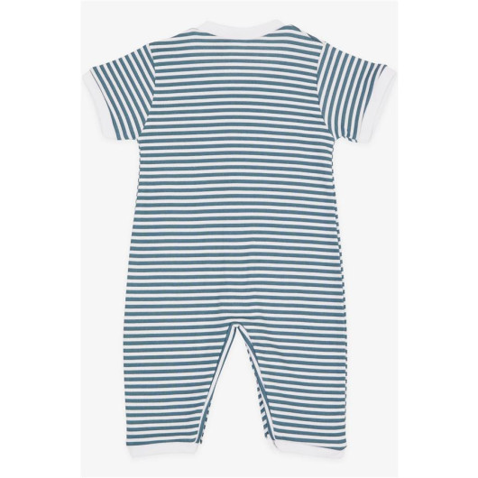 جمبسوت للأولاد الرضع بأكمام قصيرة مخطط مزين برسمة سيارة ومطرز لون أزرق بترولي (0-3 أشهر إلى 6 أشهر)