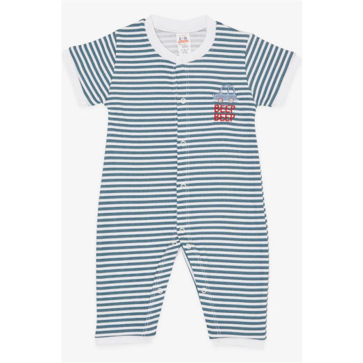 Baby Boy Short Sleeve Jumpsuit Striped Car Letter Embroidery Printed Petrol Blue (0-3 Months-6 Months)