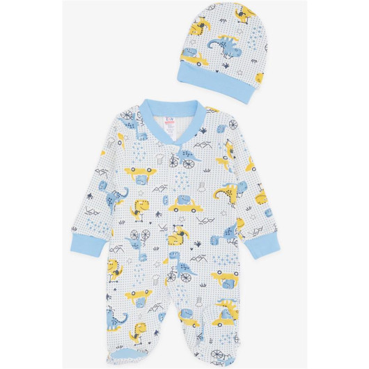 Baby Boy Booties Jumpsuit Fun Dinosaur Patterned White (0-6 Months)