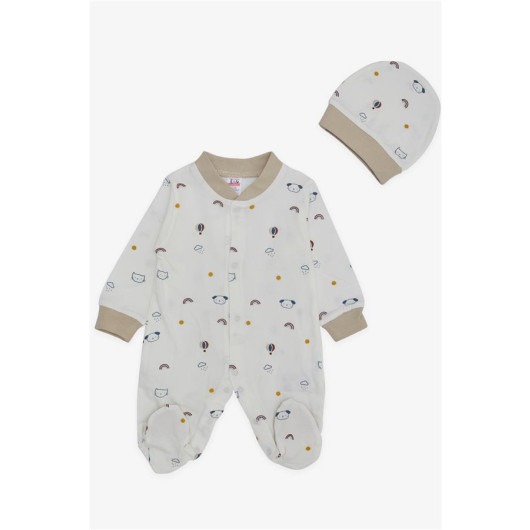 Baby Boy Booties Jumpsuit Sky Themed Animal Pattern Ecru (0-6 Months)
