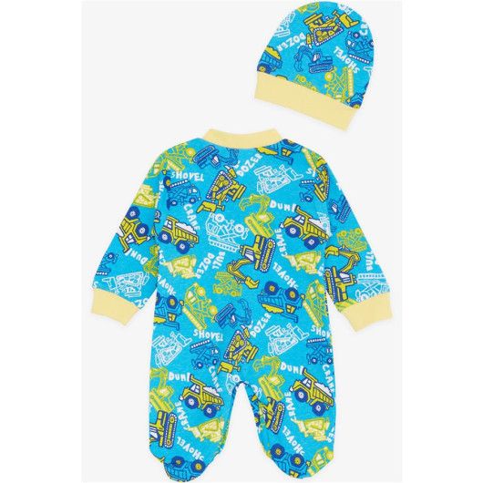 Baby Boy Footed Overalls Construction Machinery Themed Blue (0-3 Months-6 Months)