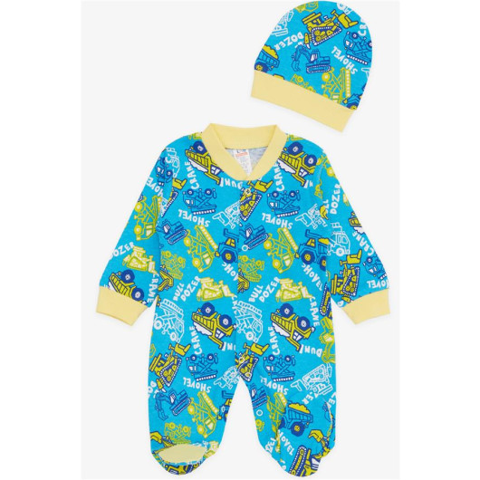 Baby Boy Footed Overalls Construction Machinery Themed Blue (0-3 Months-6 Months)