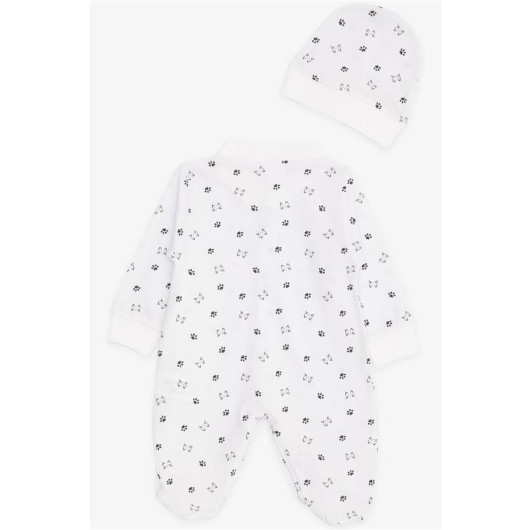 Baby Boy Booties Jumpsuit Kitten Patterned Paw Printed White (0-6 Months)