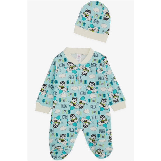 Baby Boy Booties Jumpsuit Pilot Teddy Bear Patterned Light Blue (0-6 Months)