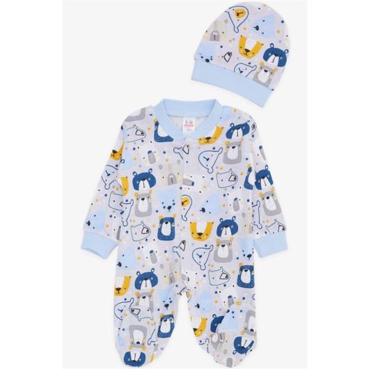 Baby Boy Booties Jumpsuit Cute Teddy Bear Patterned Ice Blue (0-6 Months)