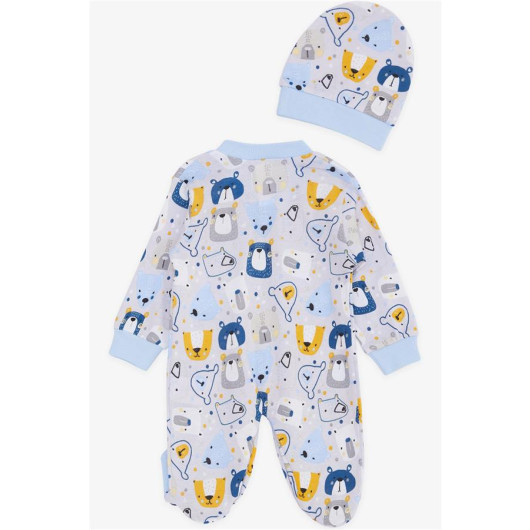 Baby Boy Booties Jumpsuit Cute Teddy Bear Patterned Ice Blue (0-6 Months)