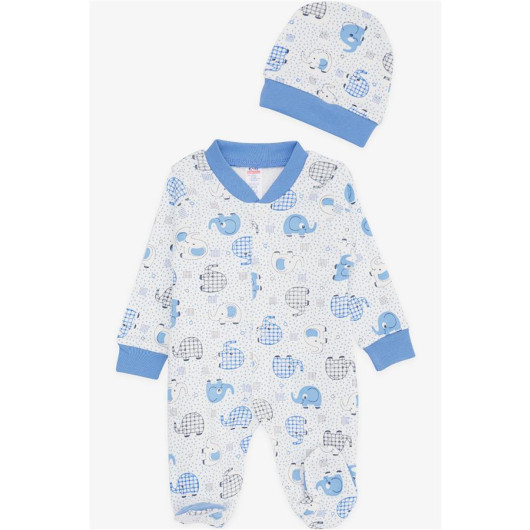 Baby Boy Booties Rompers Cute Baby Elephant Patterned White (0-3 Months-6 Months)
