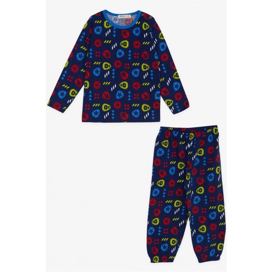 Baby Boy Pajama Set Mixed Icon Patterned Navy Blue (9 Months-3 Years)