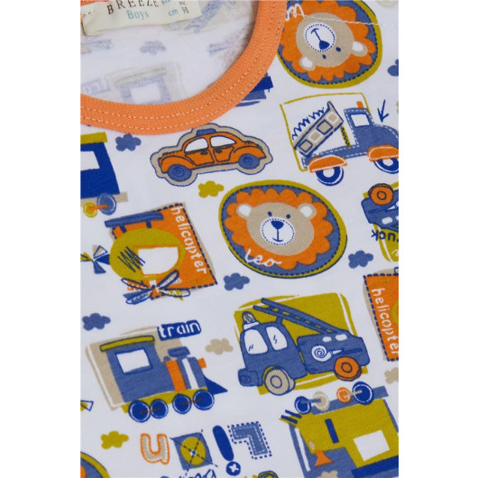 Baby Boy Pajama Set White With Vehicle Theme Animal Pattern (9 Months-3 Years)