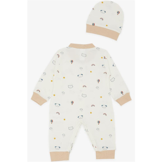Baby Boy Rompers Sky Themed Animal Patterned Ecru (0-3 Months-6 Months)