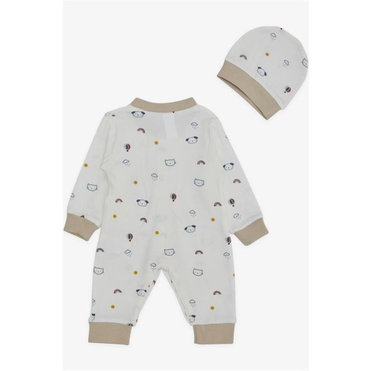 Baby Boy Jumpsuit Sky Themed Animalistic Patterned Ecru (0-6 Months)