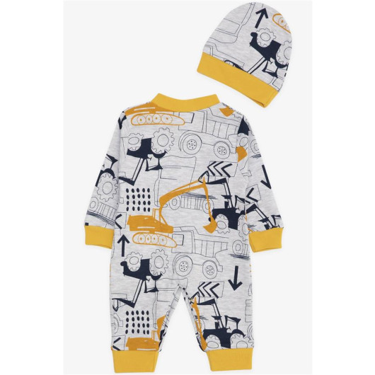 Baby Boy Rompers Construction Themed Construction Machine Patterned Gray Melange (0-6 Months)