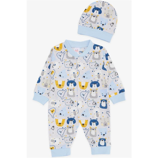 Baby Boy Rompers Cute Teddy Bear Patterned Ice Blue (0-6 Months)