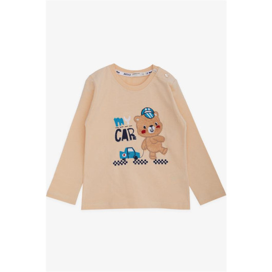 Baby Boy Long Sleeve T-Shirt Teddy Bear Printed Letter Embroidered Beige (9 Months-3 Years)