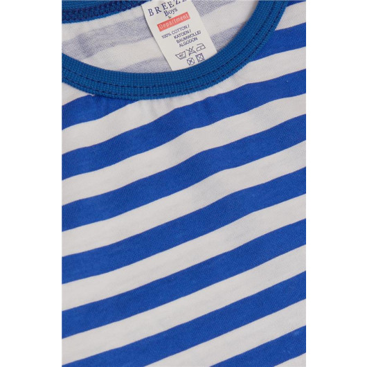 Baby Boy Long Sleeve T-Shirt Striped Placket Dinosaur Printed Saks Blue (9 Months-3 Years)