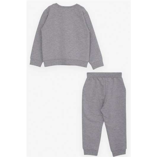 Boy's Tracksuit Suit Embroidered Text Printed Light Gray Melange (2-6 Years)