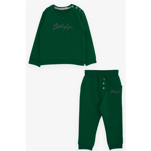 Boy's Tracksuit Suit Embroidered Text Printed Green (2-6 Years)