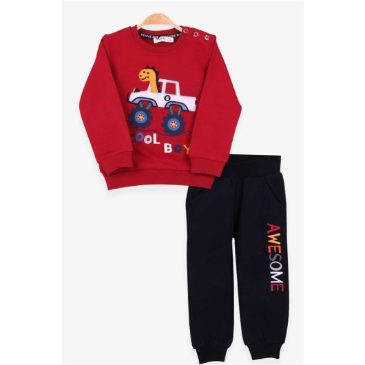 Boys Tracksuit Set Dinosaur Embroidered Claret Red (1-2 Age)