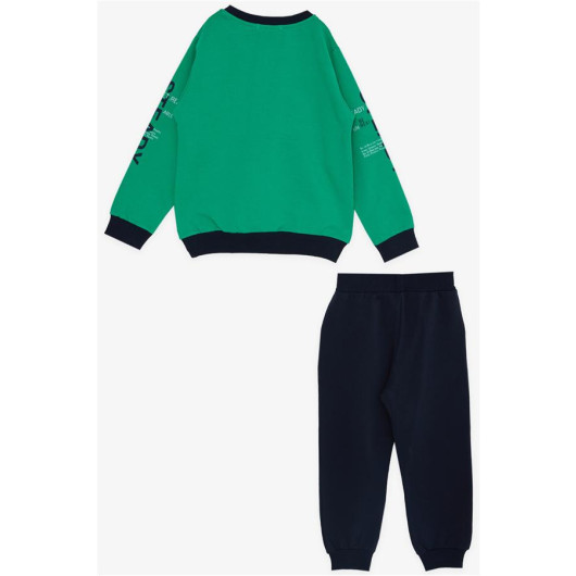 Boy's Tracksuit Set With Kangaroo Pocket, Text Printed, Green (Ages 3-7)