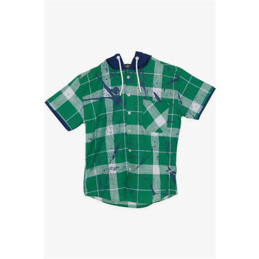 Boy's Shirt Plaid Patterned Hooded Green (9-12 Years)