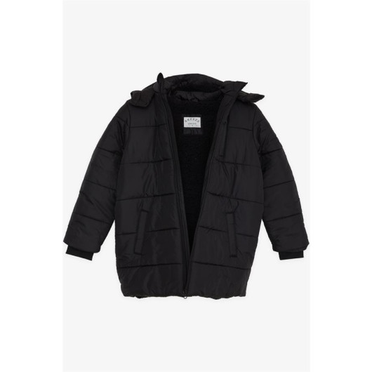 Boy's Coat Hooded With Zipper Pocket Black (Ages 4-9)