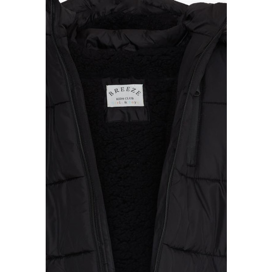 Boy's Coat Hooded With Zipper Pocket Black (Ages 4-9)