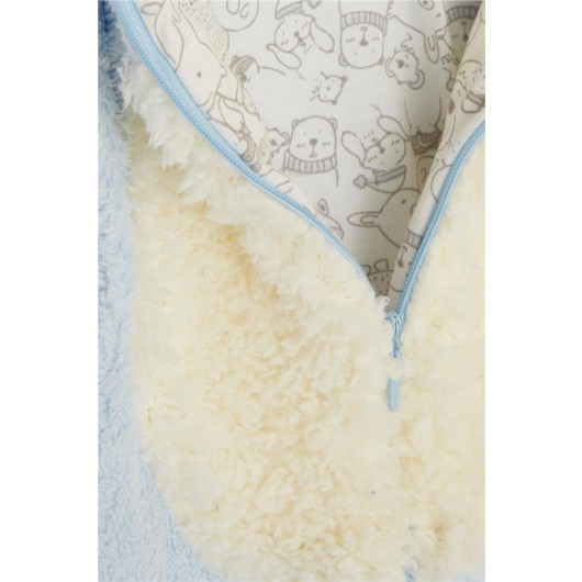 Boy's Plush Jumpsuit Lamb Embroidery Moving Ears Light Blue (3-4 Months-6-9 Months)