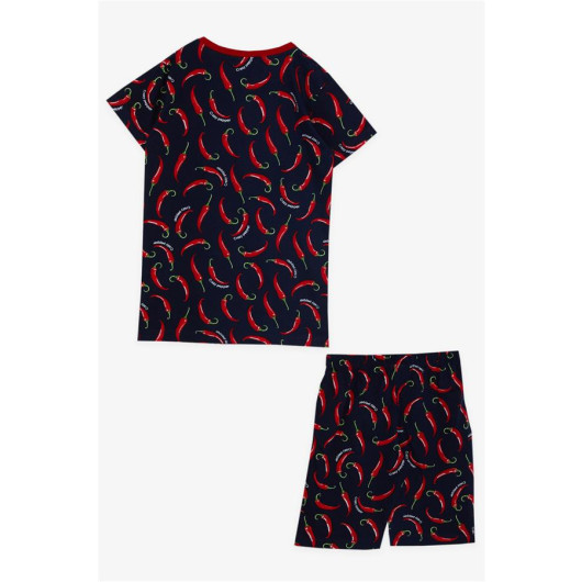 Boy's Pajama Set, Crazy Pepper Patterned Navy Blue (Ages 4-8)