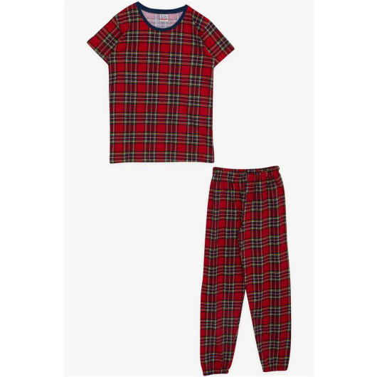 Boy's Pajama Set Red With Plaid Pattern (Ages 9-14)