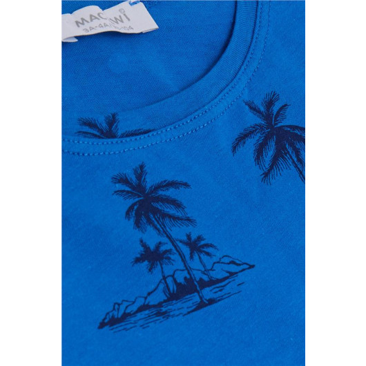 Boy's Pajama Set, Palm Tree Patterned Saks Blue (Ages 3-7)