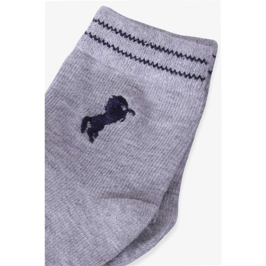 Boys Socks With Horse Embroidery Gray (3-12 Ages)