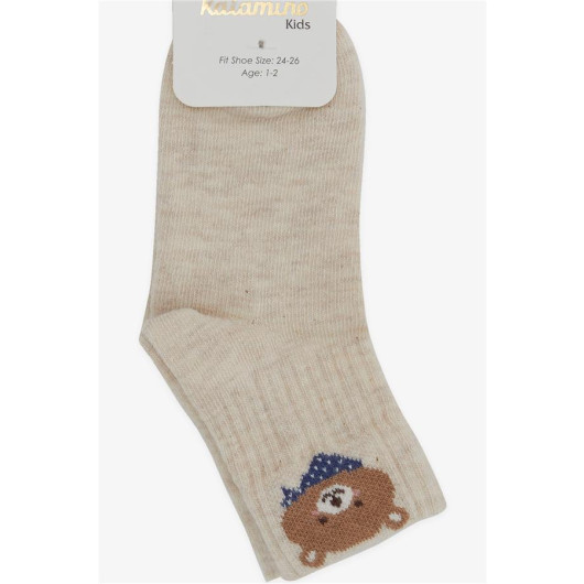 Boy Socks Teddy Bear Printed Beige (1-2-7-8 Years)