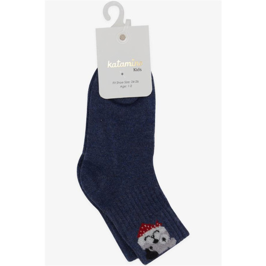 Boy Socks Teddy Bear Printed Dark Blue (1-2-7-8 Years)