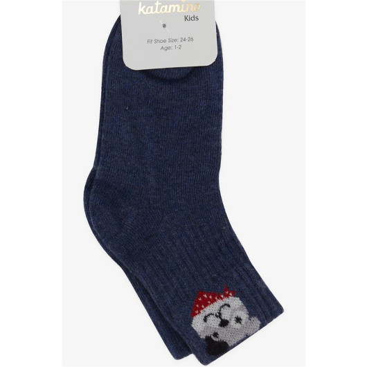 Boy Socks Teddy Bear Printed Dark Blue (1-2-7-8 Years)