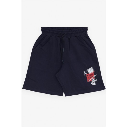 Boy Shorts Printed With Pocket And Elastic Waist In Navy Color (8-14 Years)