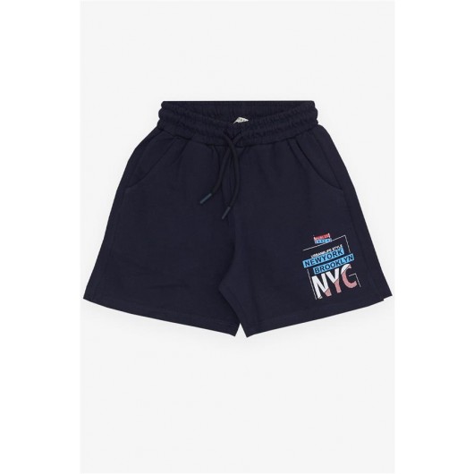 Boy's Shorts With Pocket And Letter Print Drawstring Navy (3-7 Years)