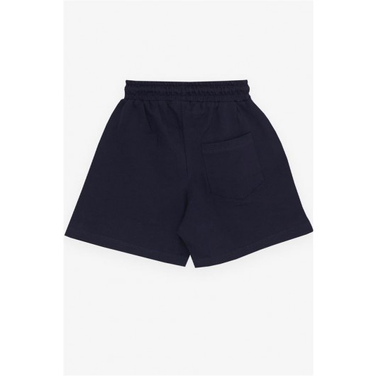 Boy's Shorts With Pocket And Letter Print Drawstring Navy (3-7 Years)