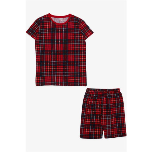 Boys Shorts Pajamas Set Checkered Red (10-14 Ages)