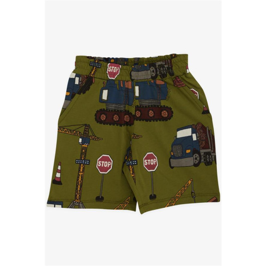 Boy's Shorts Pajamas Set With Construction Machinery Patterned Khaki Green (2-6 Years)