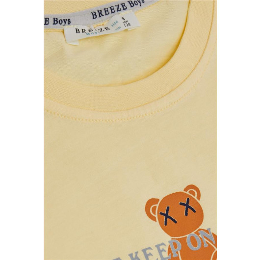 Boy's Shorts Suit Teddy Bear Printed Slogan Themed Yellow (Ages 5-10)