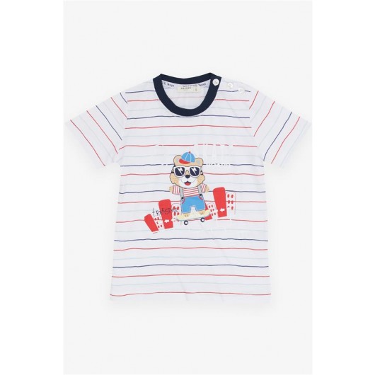 Boys White Striped Printed T-Shirt And Shorts Set (1.5-5 Years)