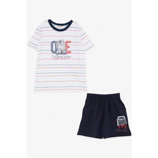 Boys Shorts Suit Striped Text Printed White (2-6 Years)